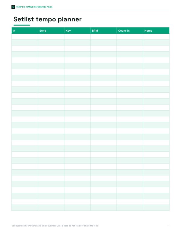 Preview of Printable Setlist Tempo Planner